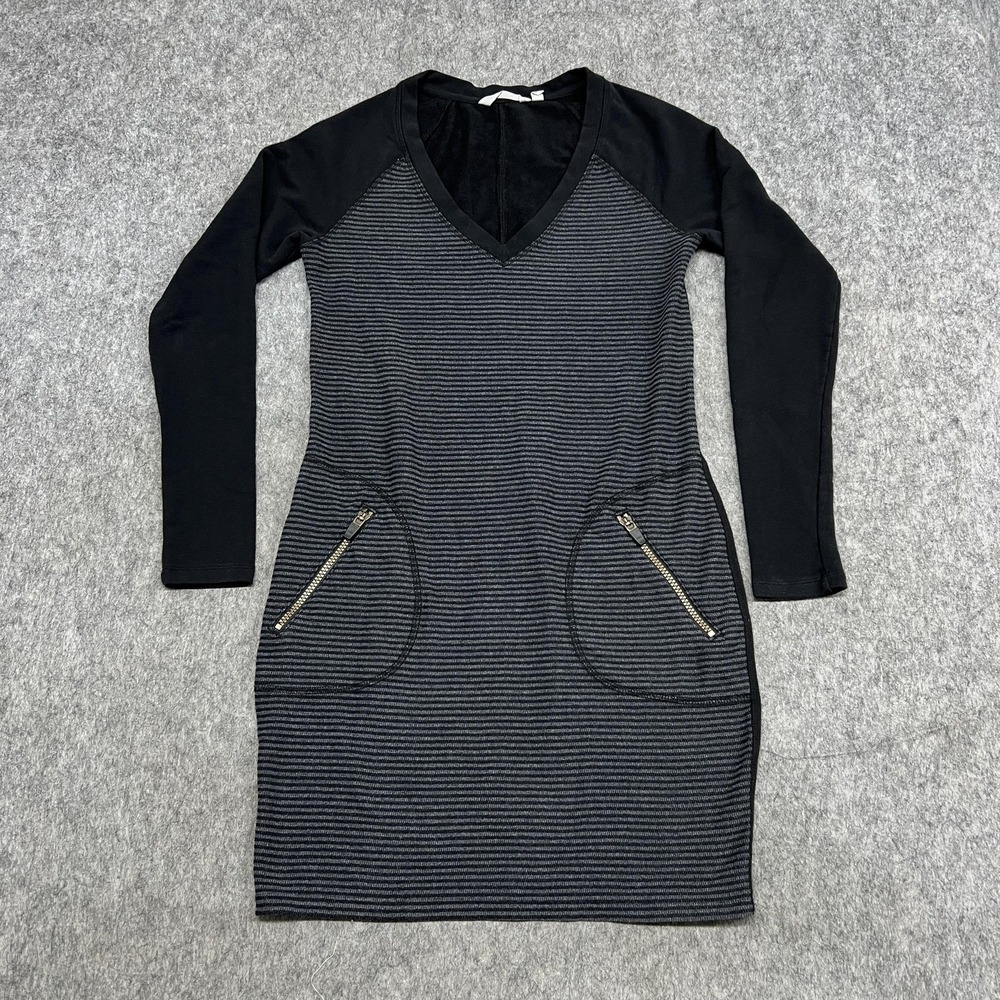 Athleta Sweater Dress Womens XS‎ Gray Striped V Neck Long Sleeve Zip Pockets